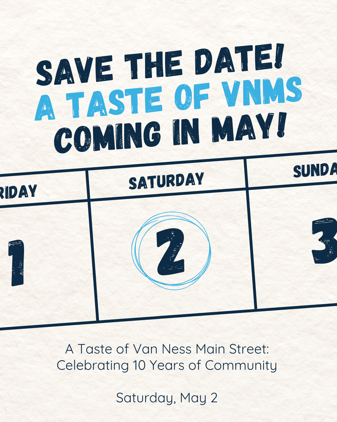 A calendar indicating that a Taste of VNMS is on May 2